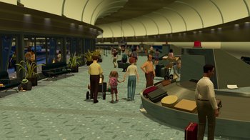 Movie still from “Toy Story 2” (1999), directed by Lee Unkrich – A group of people walking through an airport terminal; Extreme Wide shot, High angle