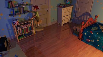 Movie still from “Toy Story 2” (1999), directed by Lee Unkrich – A child sitting on a chair in a room with wooden floors; Extreme Wide shot, High angle