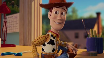 Movie still from “Toy Story 2” (1999), directed by Lee Unkrich – A toy story character woody; Medium shot, Low angle