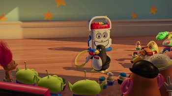 Movie still from “Toy Story 2” (1999), directed by Lee Unkrich – A toy story scene with buzz lightyear , hamm , and woody; Extreme Wide shot, Over the shoulder angle