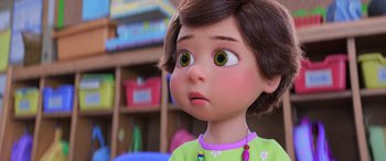 Movie still from “Toy Story 4” (2019), directed by Josh Cooley – A doll's face with green eyes; Close Up shot, Over the shoulder angle