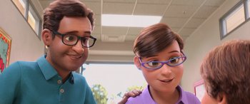 Movie still from “Toy Story 4” (2019), directed by Josh Cooley – A man standing next to a woman wearing glasses; Close Up shot, Low angle