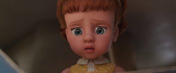 Movie still from “Toy Story 4” (2019), directed by Josh Cooley – A doll's face , showing the eyes; Close Up shot, High angle