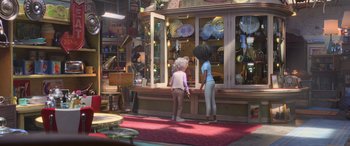 Movie still from “Toy Story 4” (2019), directed by Josh Cooley – Two children standing in front of a store window; Wide shot, Over the shoulder angle