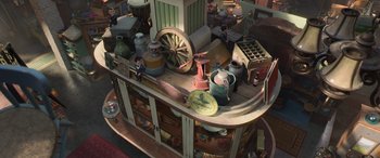 Movie still from “Toy Story 4” (2019), directed by Josh Cooley – An animated scene of a room with a lot of furniture; Extreme Wide shot, Overhead angle