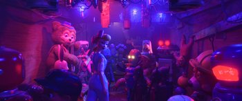 Movie still from “Toy Story 4” (2019), directed by Josh Cooley – A group of people in a room with lights on; Wide shot, Over the shoulder angle
