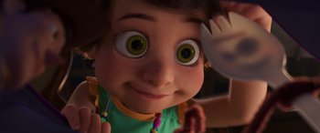 Movie still from “Toy Story 4” (2019), directed by Josh Cooley – A child's face with eyes looking up; Close Up shot, High angle