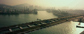 Movie still from “Transformers: Age of Extinction” (2014), directed by Michael Bay – An aerial view of a large body of water; Extreme Wide shot, High angle