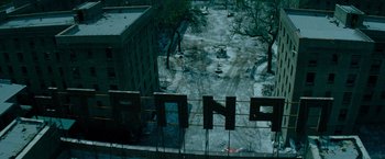 Movie still from “Transformers: Dark of the Moon” (2011), directed by Michael Bay – A view of a street from a window of a building; Extreme Wide shot, High angle