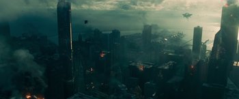 Movie still from “Transformers: Dark of the Moon” (2011), directed by Michael Bay – A view of a city from a helicopter in the dark; Extreme Wide shot, High angle