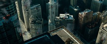 Movie still from “Transformers: Dark of the Moon” (2011), directed by Michael Bay – An aerial view of a large city with skyscrapers; Extreme Wide shot, Overhead angle