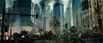 Movie still from “Transformers: Dark of the Moon” (2011), directed by Michael Bay – A city that has been heavily damaged by a fire; Extreme Wide shot, High angle