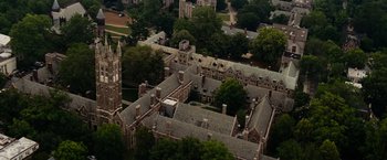 Movie still from “Transformers: Revenge of the Fallen” (2009), directed by Michael Bay – An aerial view of an old college campus; Extreme Wide shot, High angle