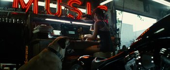 Movie still from “Transformers: Revenge of the Fallen” (2009), directed by Michael Bay – A woman sitting at a table with a dog; Wide shot, High angle