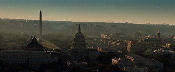 Movie still from “Transformers: Revenge of the Fallen” (2009), directed by Michael Bay – A view of the united states capitol building from a hill; Extreme Wide shot, Low angle