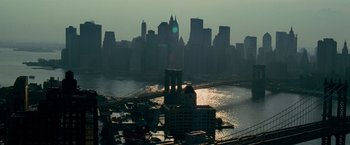 Movie still from “Transformers: Revenge of the Fallen” (2009), directed by Michael Bay – A view of a city skyline from a helicopter; Extreme Wide shot, High angle