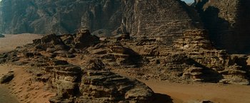 Movie still from “Transformers: Revenge of the Fallen” (2009), directed by Michael Bay – A view of a rocky mountain side from a distance; Extreme Wide shot, High angle
