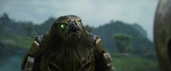 Movie still from “Transformers: Rise of the Beasts” (2023), directed by Steven Caple Jr. – An image of an eagle with green eyes; Close Up shot, Low angle