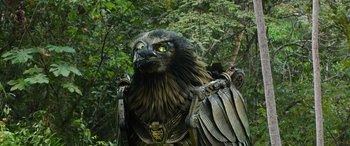 Movie still from “Transformers: Rise of the Beasts” (2023), directed by Steven Caple Jr. – A bird of prey in a forest with trees in the background; Close Up shot, Low angle
