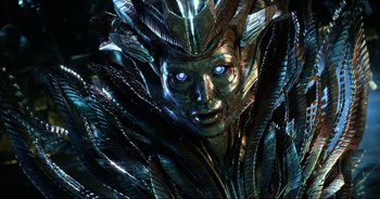 Movie still from “Transformers: The Last Knight” (2017), directed by Michael Bay – The face of a man with blue eyes; Close Up shot, Low angle