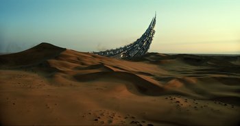 Movie still from “Transformers: The Last Knight” (2017), directed by Michael Bay – An image of an object in the middle of the desert; Extreme Wide shot, Low angle