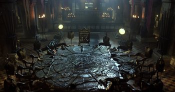 Movie still from “Transformers: The Last Knight” (2017), directed by Michael Bay – A room filled with lots and lots of lights; Extreme Wide shot, High angle