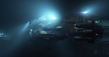 Movie still from “Transformers: The Last Knight” (2017), directed by Michael Bay – An image of a space ship in the dark; Extreme Wide shot, Overhead angle