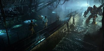 Movie still from “Transformers: The Last Knight” (2017), directed by Michael Bay – A group of people standing next to each other on top of a bridge; Extreme Wide shot, High angle