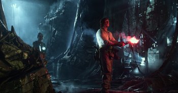 Movie still from “Transformers: The Last Knight” (2017), directed by Michael Bay – A man holding a light in his hand while standing next to another man; Medium shot, Low angle