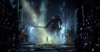 Movie still from “Transformers: The Last Knight” (2017), directed by Michael Bay – A man is standing in front of a giant robot holding a sword; Extreme Wide shot, Low angle