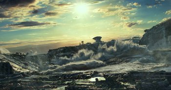 Movie still from “Transformers: The Last Knight” (2017), directed by Michael Bay – The sun is setting over the ocean with waves crashing on the rocks; Extreme Wide shot, Low angle