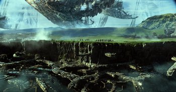 Movie still from “Transformers: The Last Knight” (2017), directed by Michael Bay – An image of an alien ship in the sky; Extreme Wide shot, Low angle