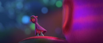 Movie still from “Trolls World Tour” (2020), directed by Walt Dohrn – A cartoon of a person wearing a purple outfit; Wide shot, Over the shoulder angle