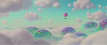 Movie still from “Trolls World Tour” (2020), directed by Walt Dohrn – A balloon is flying over a bunch of clouds; Extreme Wide shot, Overhead angle