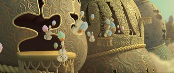 Movie still from “Trolls World Tour” (2020), directed by Walt Dohrn – An artistic rendering of the interior of a house; Extreme Wide shot, Low angle