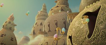 Movie still from “Trolls World Tour” (2020), directed by Walt Dohrn – A very large castle like structure with a harp and cotton candy on it; Extreme Wide shot, Low angle