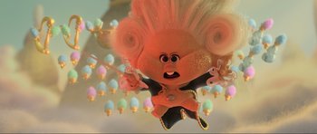 Movie still from “Trolls World Tour” (2020), directed by Walt Dohrn – An animated character flying through the air with a wand; Medium shot, Low angle