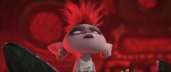 Movie still from “Trolls World Tour” (2020), directed by Walt Dohrn – A cartoon character with a red mohawk; Close Up shot, Low angle