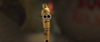 Movie still from “Trolls World Tour” (2020), directed by Walt Dohrn – A cartoon character with a surprised look on his face; Extreme Close Up shot, High angle