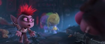 Movie still from “Trolls World Tour” (2020), directed by Walt Dohrn – A group of people in a room next to each other; Medium shot, High angle