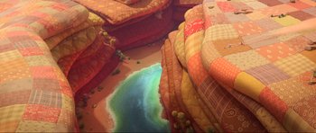 Movie still from “Trolls World Tour” (2020), directed by Walt Dohrn – A lot of pillows on the floor; Extreme Wide shot, Overhead angle