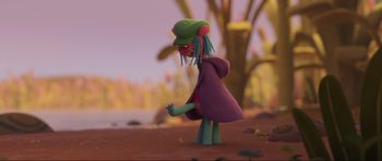 Movie still from “Trolls World Tour” (2020), directed by Walt Dohrn – An animated character in a purple coat and green hat; Wide shot, Over the shoulder angle