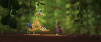 Movie still from “Trolls World Tour” (2020), directed by Walt Dohrn – An animated scene of a person and a dragon; Wide shot, Low angle
