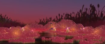 Movie still from “Trolls World Tour” (2020), directed by Walt Dohrn – A purple sky with a lot of bubbles in it; Extreme Wide shot, High angle