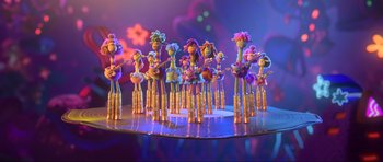 Movie still from “Trolls World Tour” (2020), directed by Walt Dohrn – A group of toy animals standing on top of a table; Wide shot, Low angle