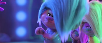 Movie still from “Trolls World Tour” (2020), directed by Walt Dohrn – A character from the movie trolls; Close Up shot, Low angle
