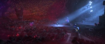 Movie still from “Trolls World Tour” (2020), directed by Walt Dohrn – An image of a scene in a movie setting; Extreme Wide shot, High angle