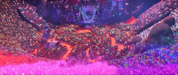 Movie still from “Trolls World Tour” (2020), directed by Walt Dohrn – An overhead view of a city filled with lots of flowers; Extreme Wide shot, High angle