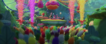 Movie still from “Trolls World Tour” (2020), directed by Walt Dohrn – A group of people on a boat in a field of balloons; Wide shot, High angle