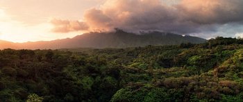 Movie still from “Tropic Thunder” (2008), directed by Ben Stiller – A view of a lush green forest with a mountain in the background; Extreme Wide shot, High angle
